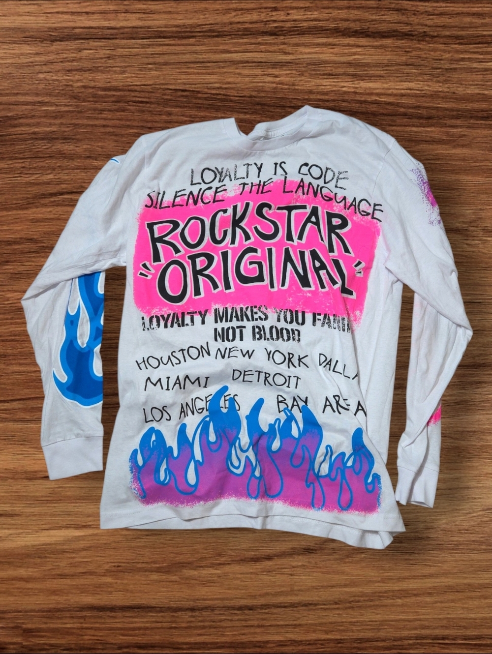 Rockstar Original  Long-Sleeve Shirt in White with Pink & Blue Graphics